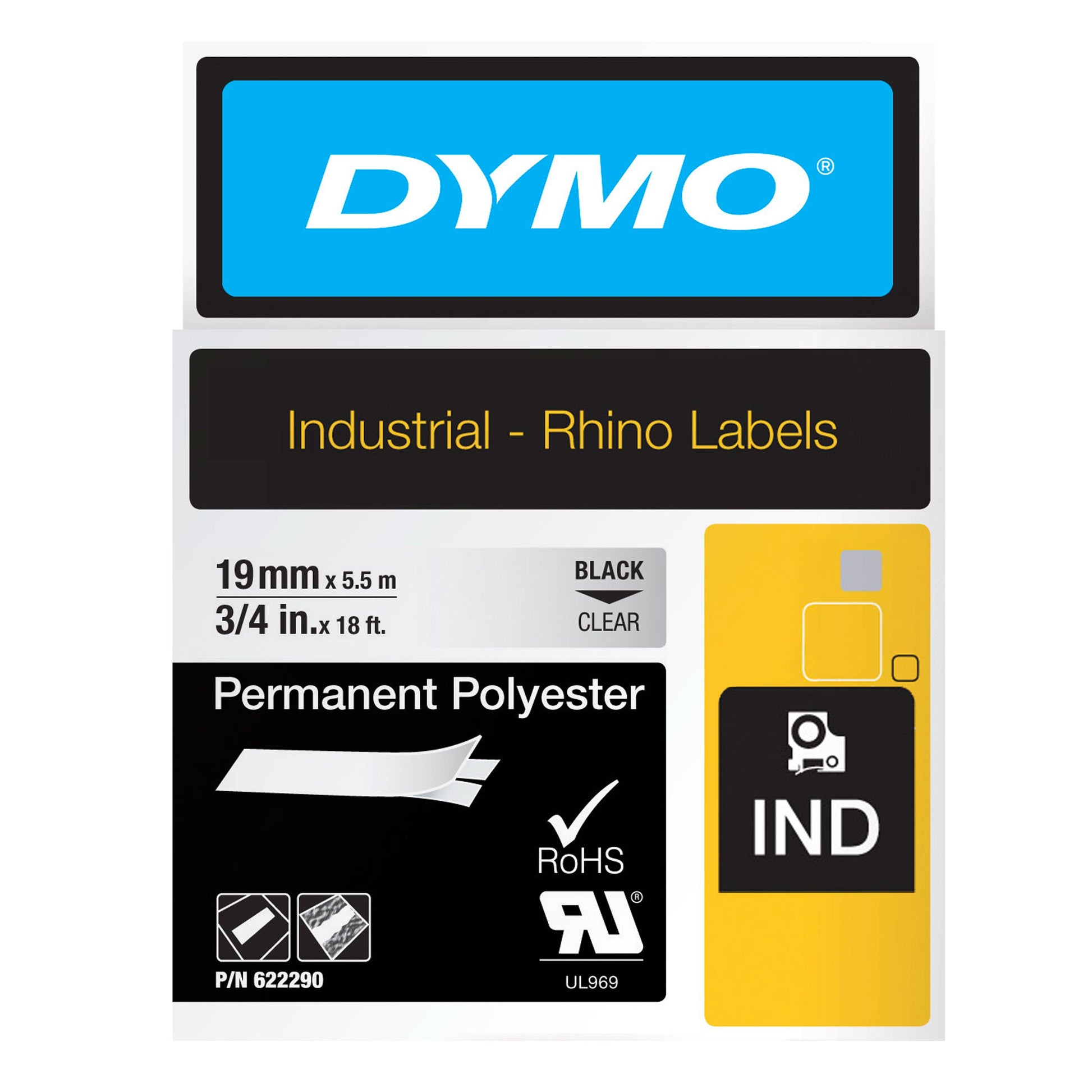 Dymo Rhino 622290 Permanent Polyester Tape 19mm Black on Clear