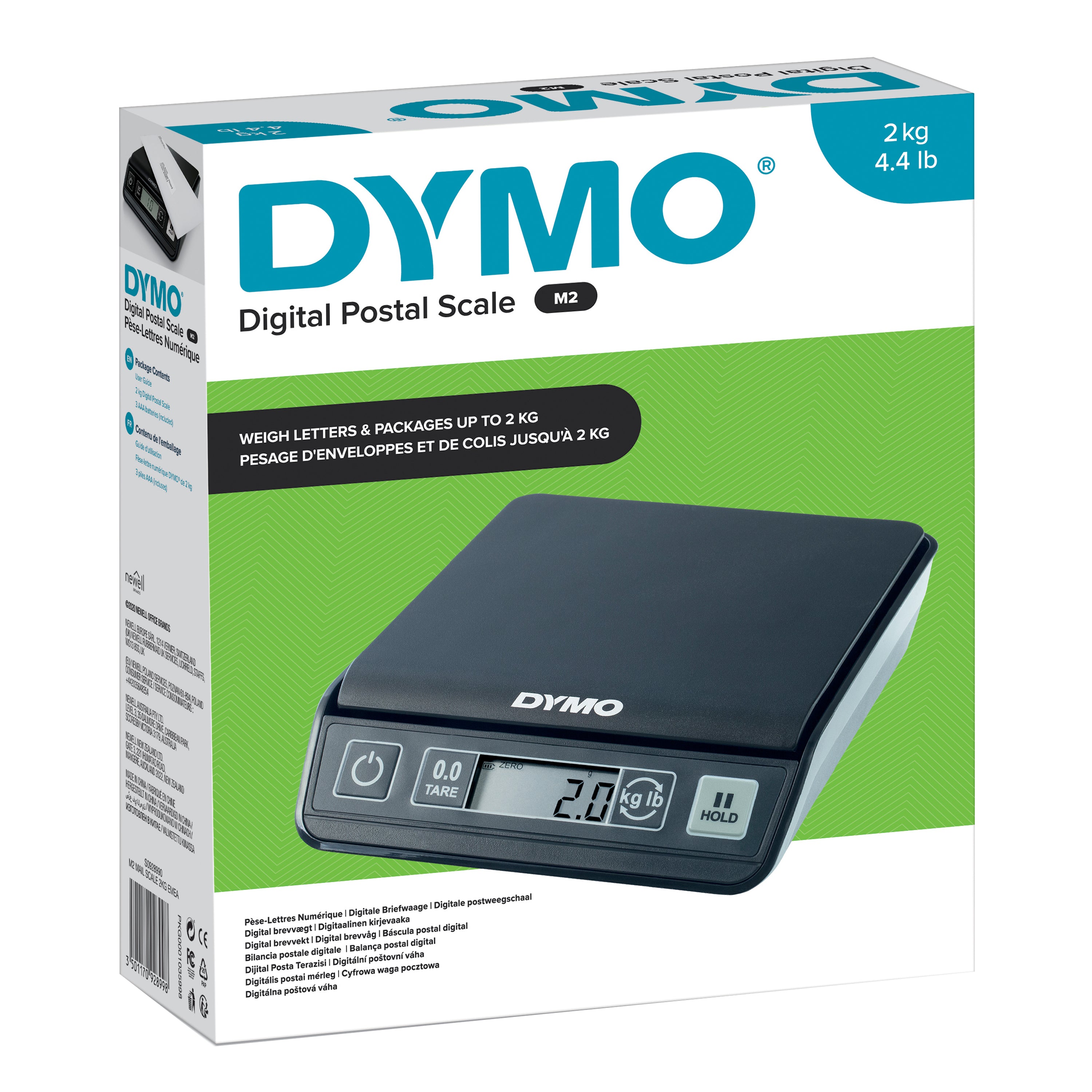 DYMO M2 digital postal scale in retail packaging for weighing letters and parcels up to 2kg