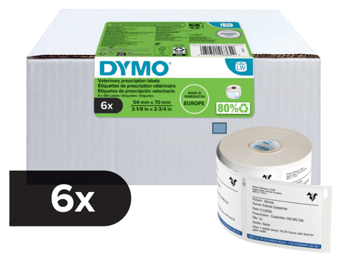 DYMO Veterinary Prescription Labels 6-Pack featuring rolls of 70x54mm labels, designed for veterinary drug and prescription labeling. The product image shows the packaging with an 80% recycled content logo and a close-up of the printed veterinary label, ideal for medication information in veterinary practices.