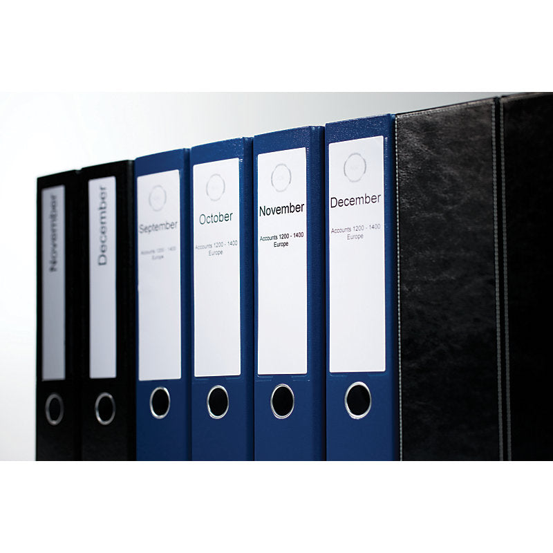 Blue lever arch binders with front facing spine labels for document filing