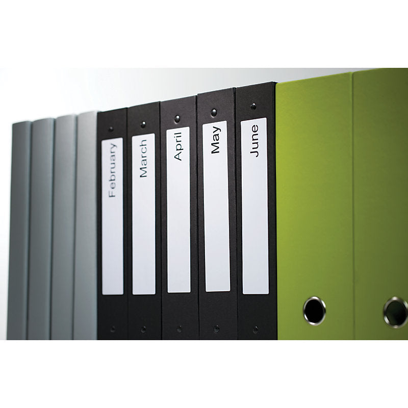 Lever arch files with white spine labels for organised office filing