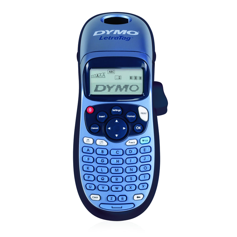 DYMO LetraTag 100H Plus handheld label maker in blue with display screen and ABC keyboard layout