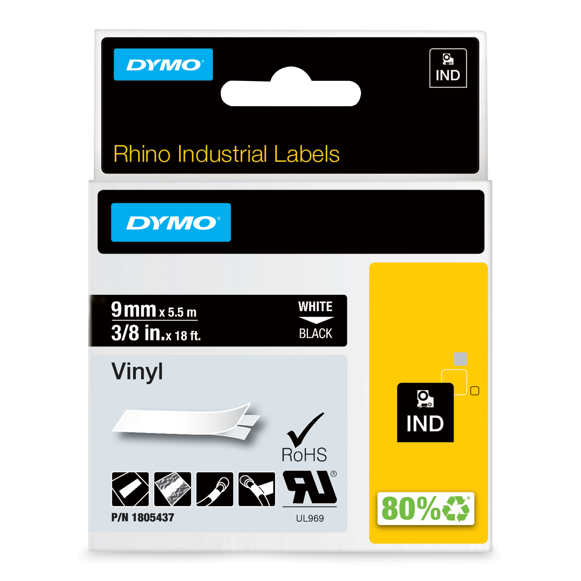 Dymo Rhino 1805437 Vinyl Tape 9mm White on Black