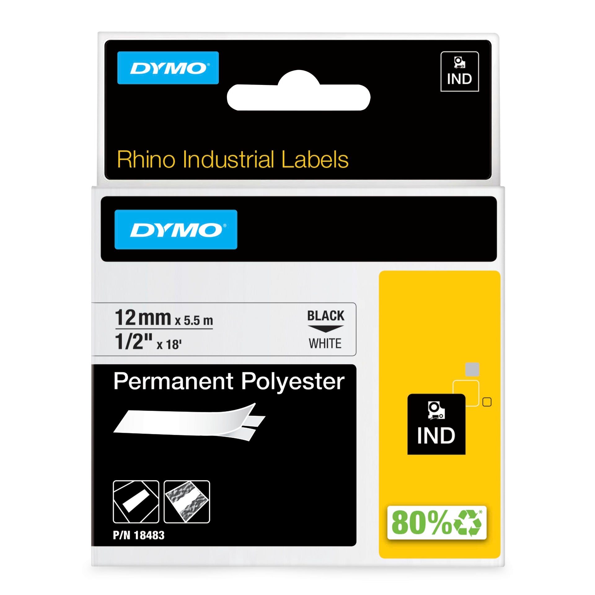 Dymo Rhino 18483 Permanent Polyester Tape 12mm Black on White