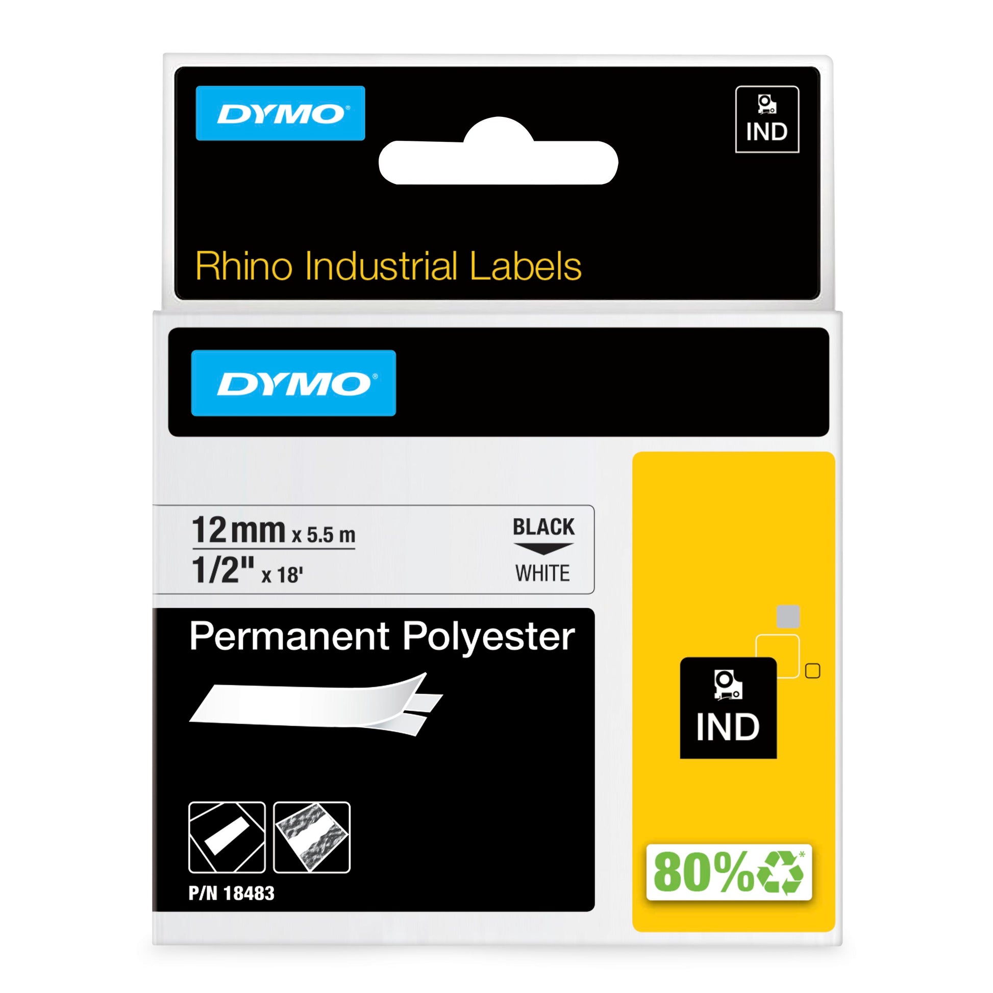 Dymo Rhino 18483 Permanent Polyester Tape 12mm Black on White