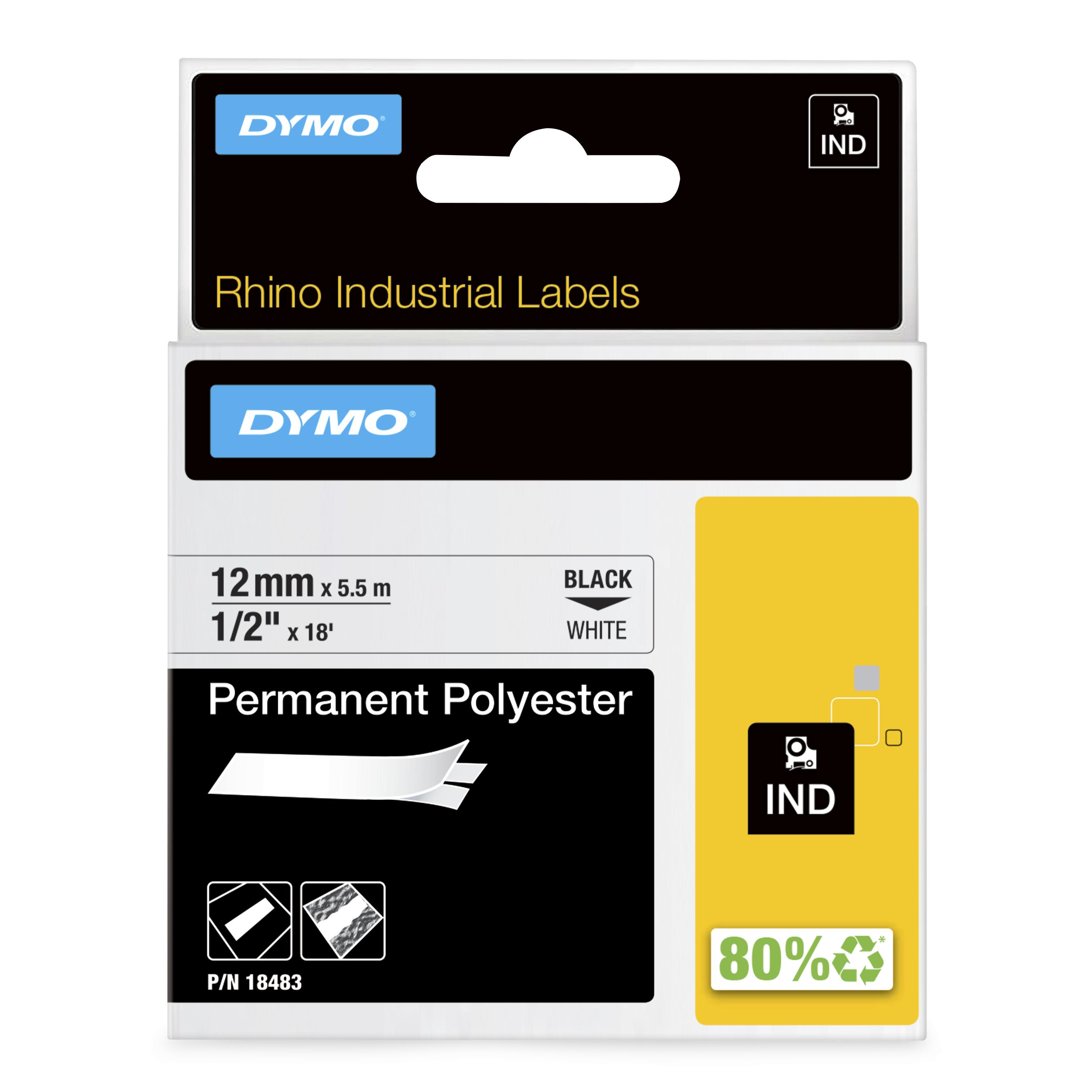 Dymo Rhino 18483 Permanent Polyester Tape 12mm Black on White