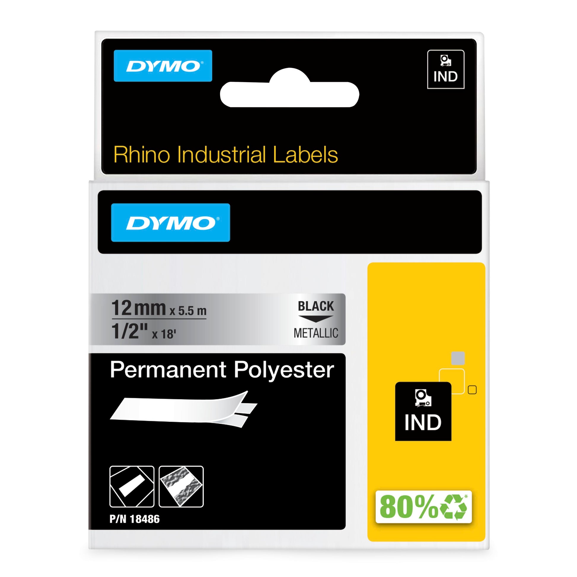 Dymo Rhino 18487 Permanent Polyester Tape 19mm Black on Metallic