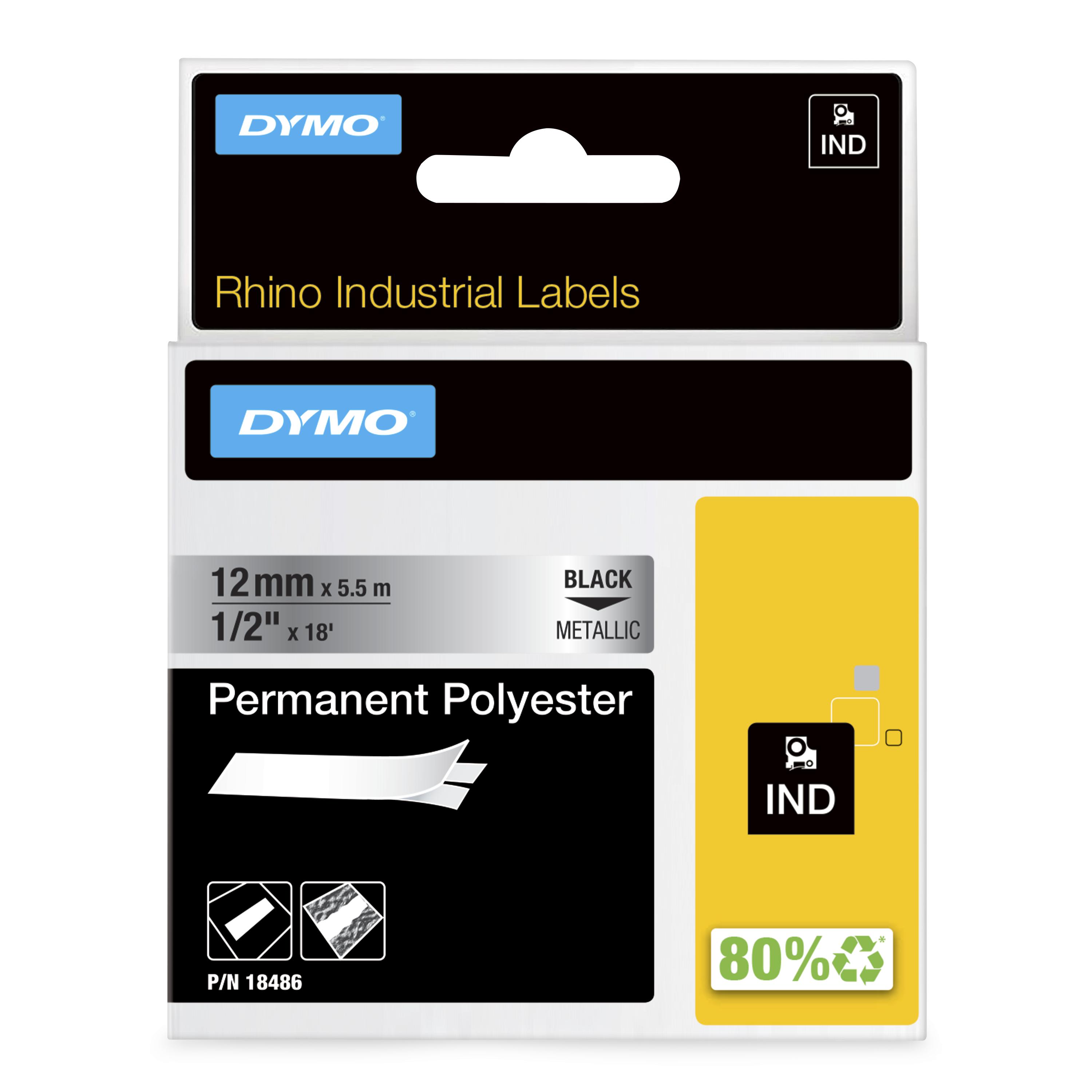 Dymo Rhino 18487 Permanent Polyester Tape 19mm Black on Metallic
