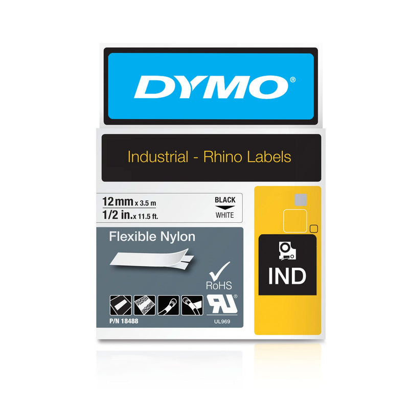 Dymo Rhino 18488 Flexible Nylon Tape 12mm Black on White