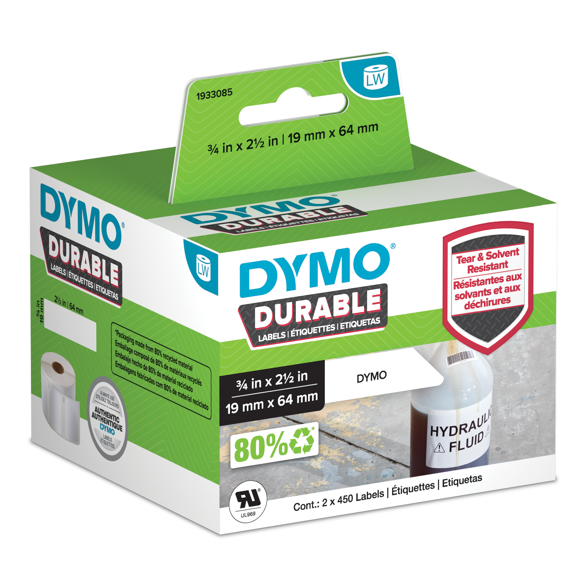 DYMO Durable LabelWriter labels 19mm x 64mm in retail packaging with hydraulic fluid bottle application shown