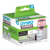 DYMO Durable LabelWriter labels 19mm x 64mm in retail packaging with hydraulic fluid bottle application shown