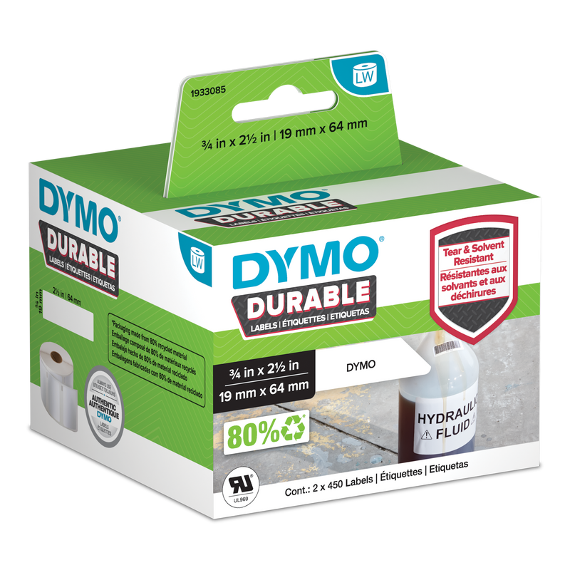 DYMO Durable LabelWriter labels 19mm x 64mm in retail packaging with hydraulic fluid bottle application shown