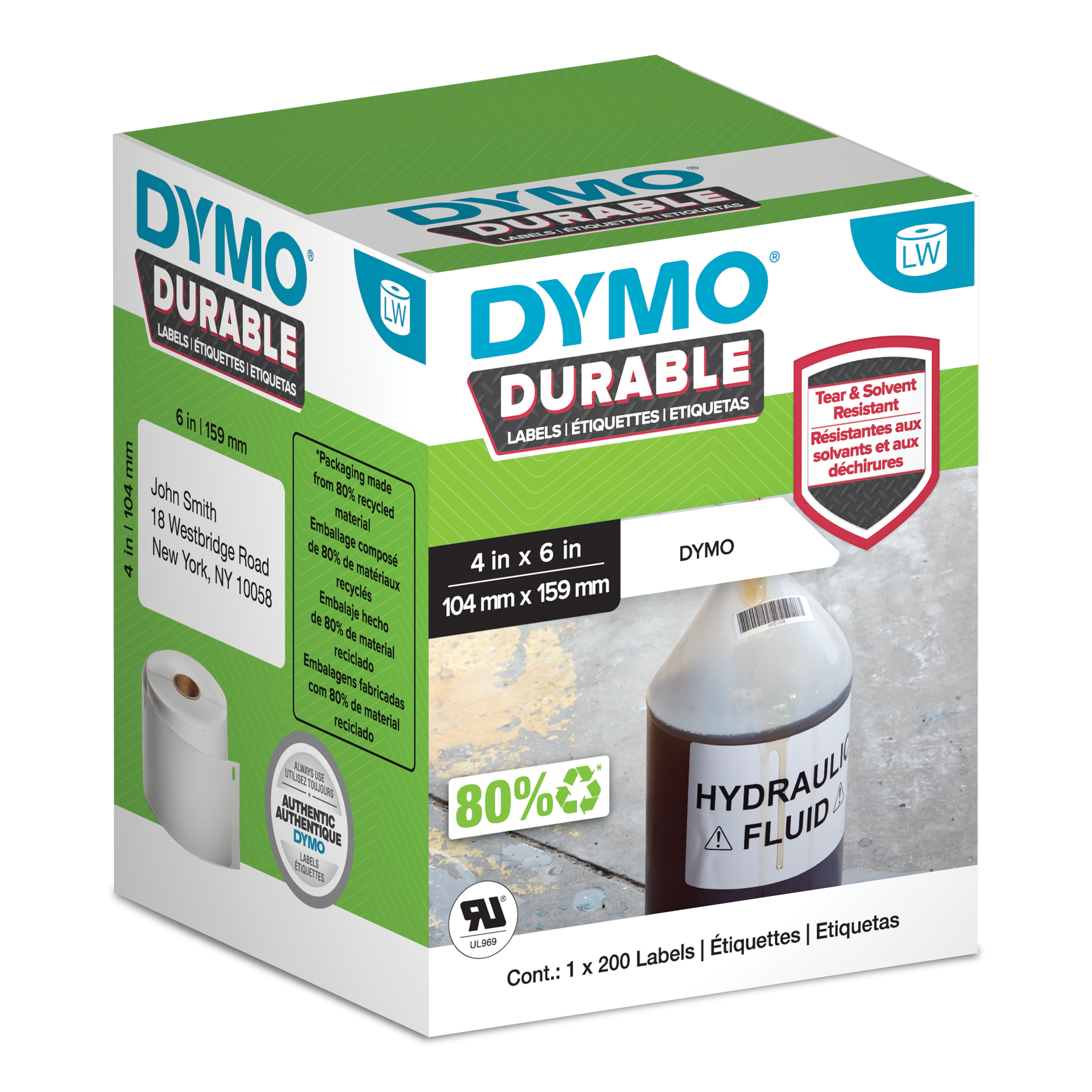 DYMO Durable LabelWriter labels 104mm x 159mm in retail packaging with hydraulic fluid bottle application shown