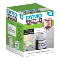 DYMO Durable LabelWriter labels 104mm x 159mm in retail packaging with hydraulic fluid bottle application shown