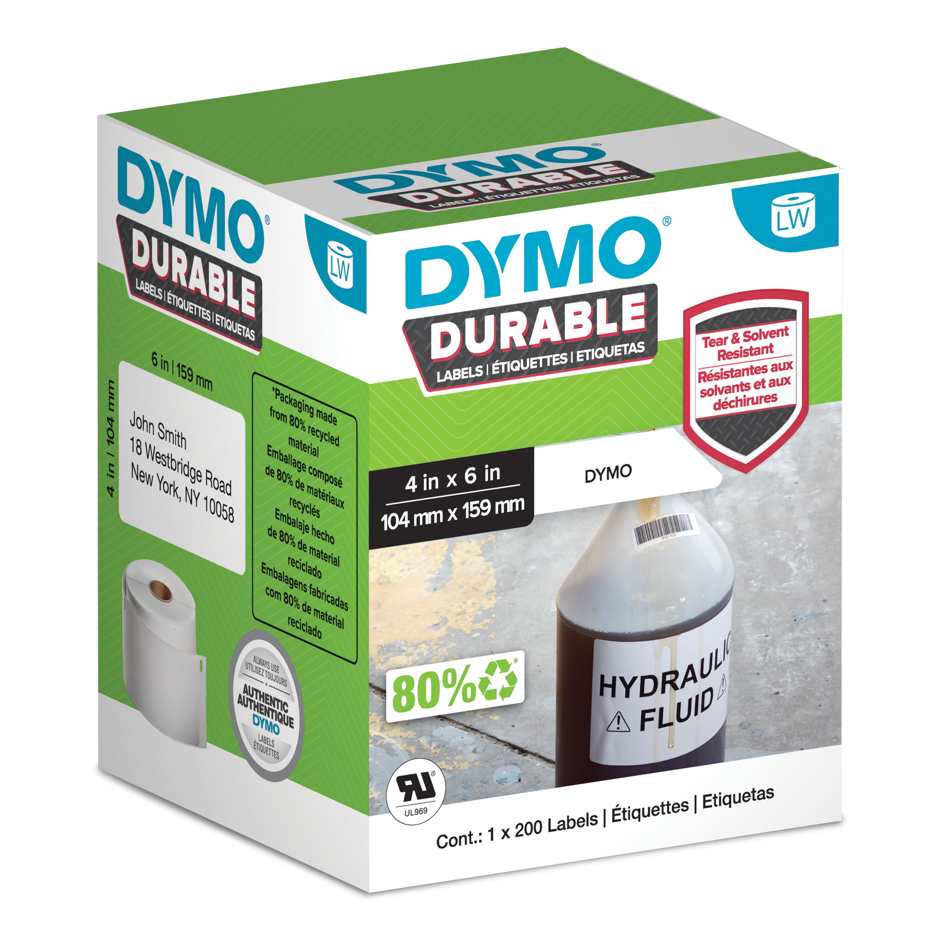 DYMO Durable LabelWriter labels 104mm x 159mm in retail packaging with hydraulic fluid bottle application shown