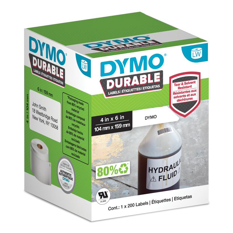 DYMO Durable LabelWriter labels 104mm x 159mm in retail packaging with hydraulic fluid bottle application shown