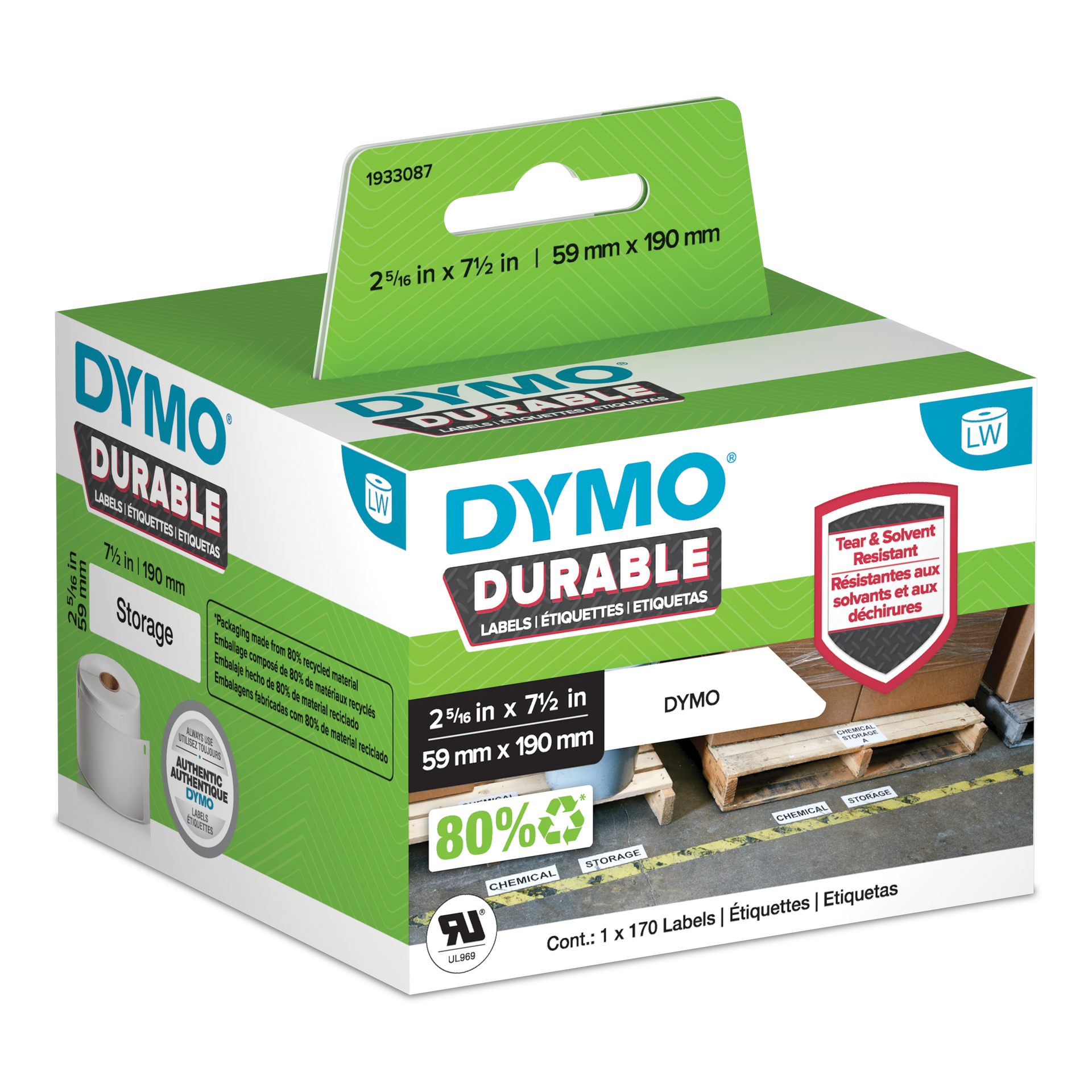 DYMO Durable LabelWriter labels 59mm x 190mm in retail packaging with warehouse storage application shown