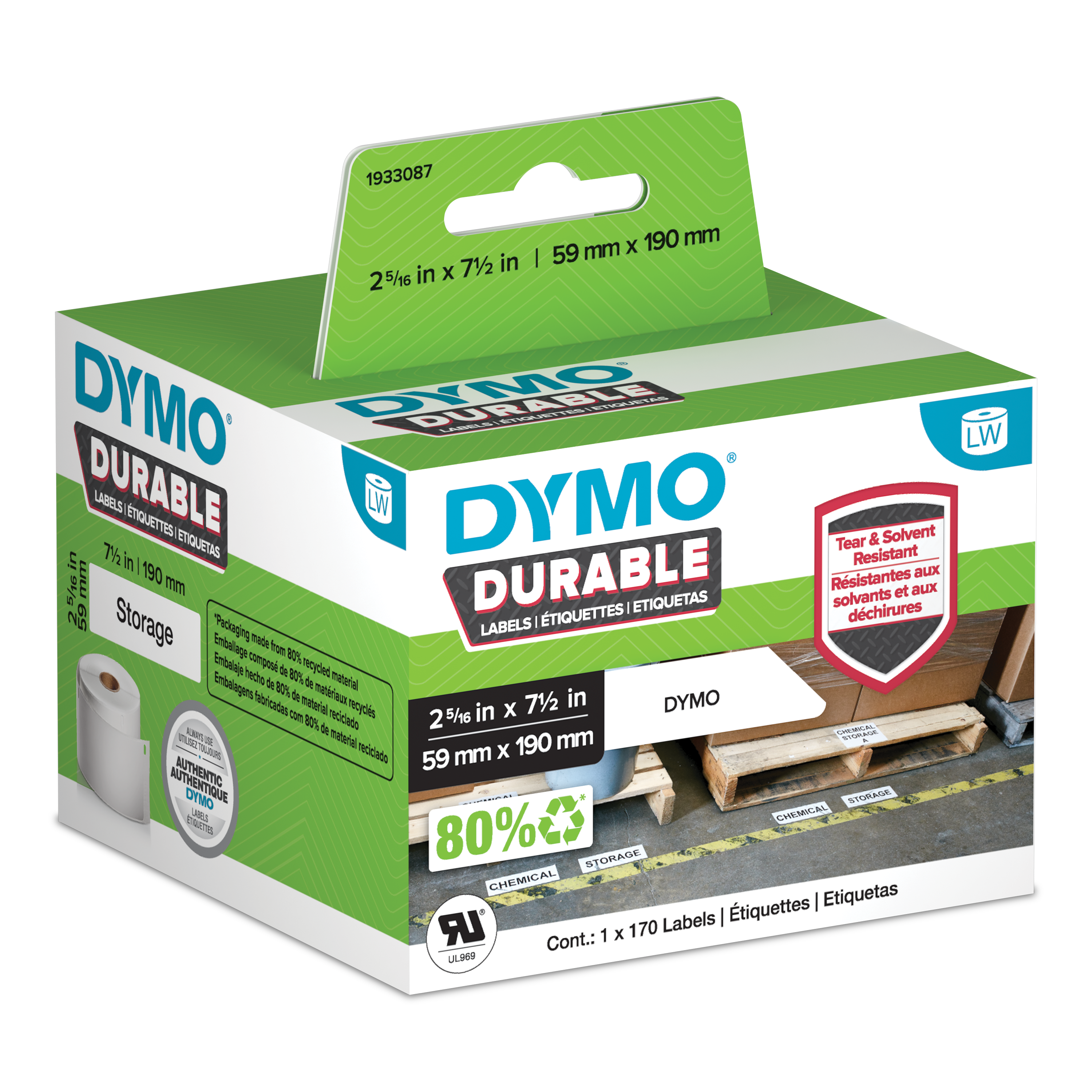 DYMO Durable LabelWriter labels 59mm x 190mm in retail packaging with warehouse storage application shown