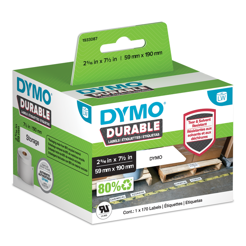 DYMO Durable LabelWriter labels 59mm x 190mm in retail packaging with warehouse storage application shown