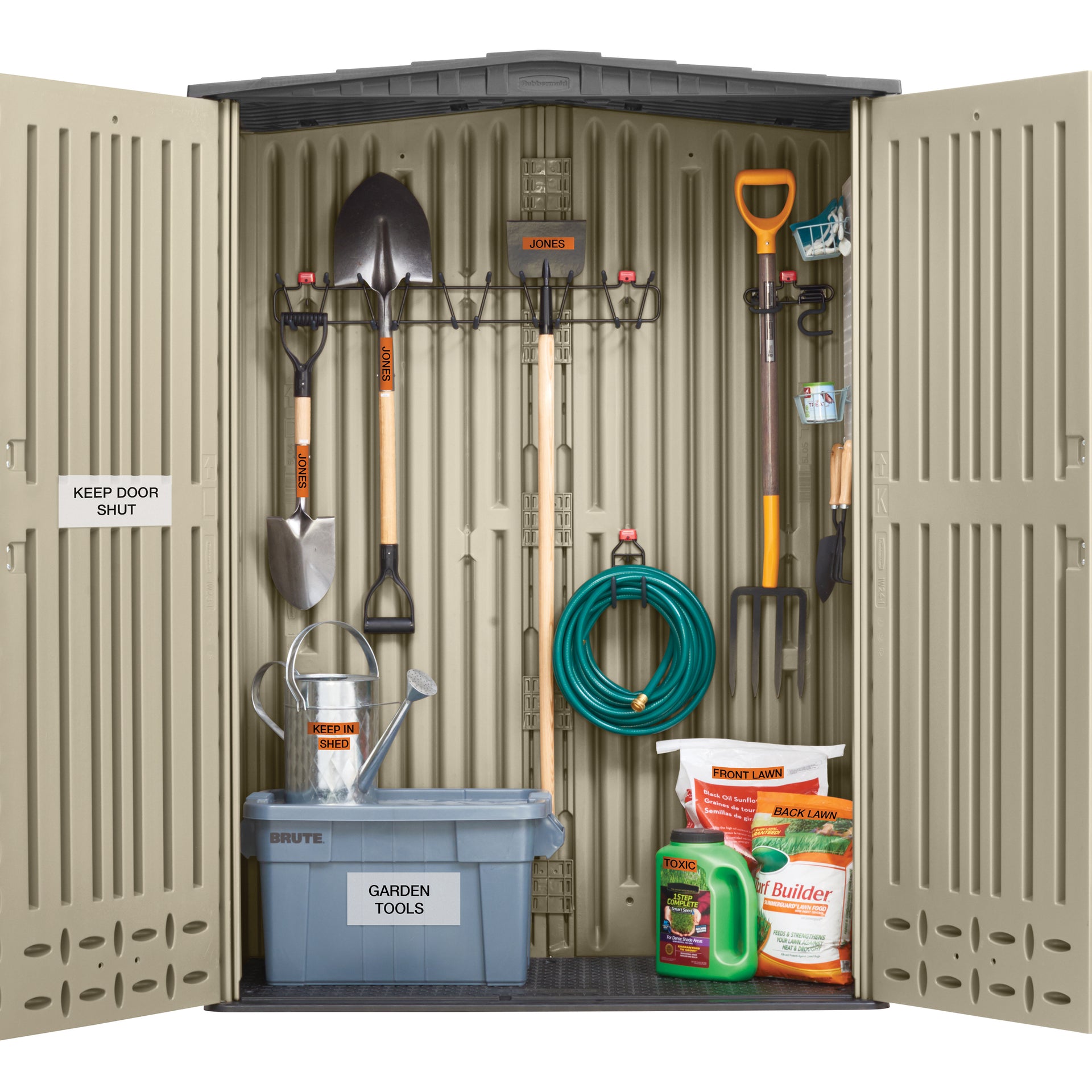 Garden storage shed organised with labelled tools, hose, seed bags, watering can and storage tub for outdoor equipment management