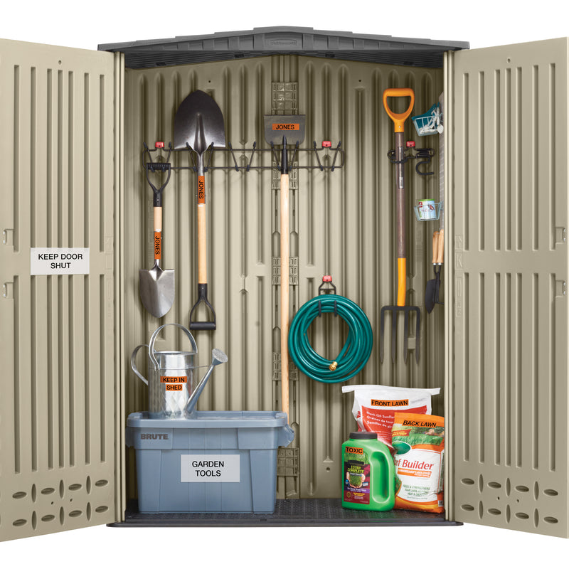 Garden storage shed organised with labelled tools, hose, seed bags, watering can and storage tub for outdoor equipment management