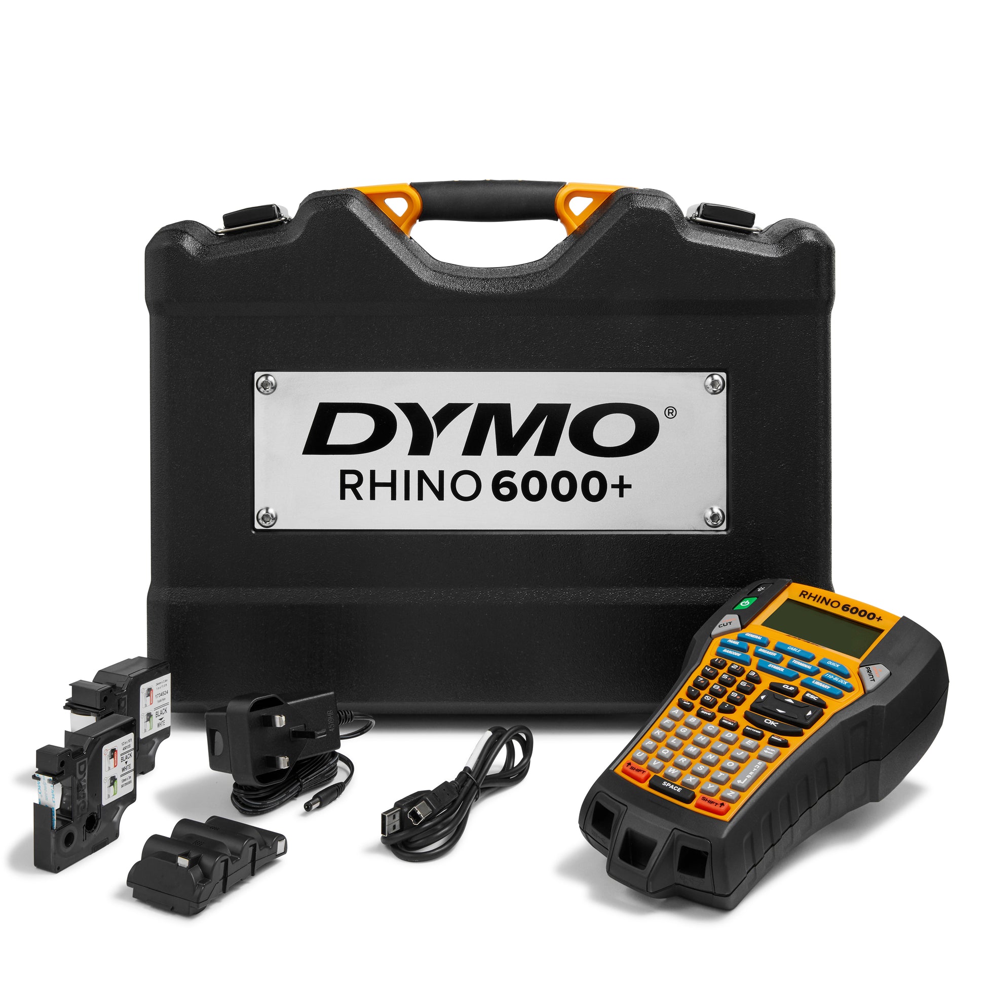 DYMO Rhino 6000 Plus industrial label printer kit with hard carry case, power adapter, USB cable, battery pack and label cartridges