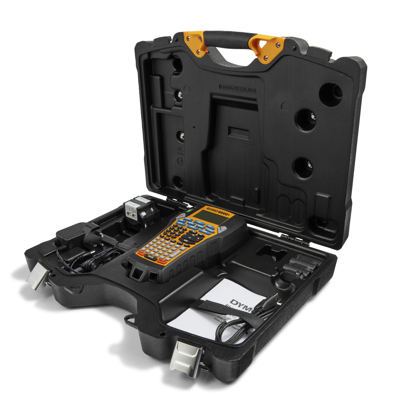Open hard carry case with DYMO Rhino 6000 Plus label printer, power adapter, accessories and label cartridge neatly stored inside