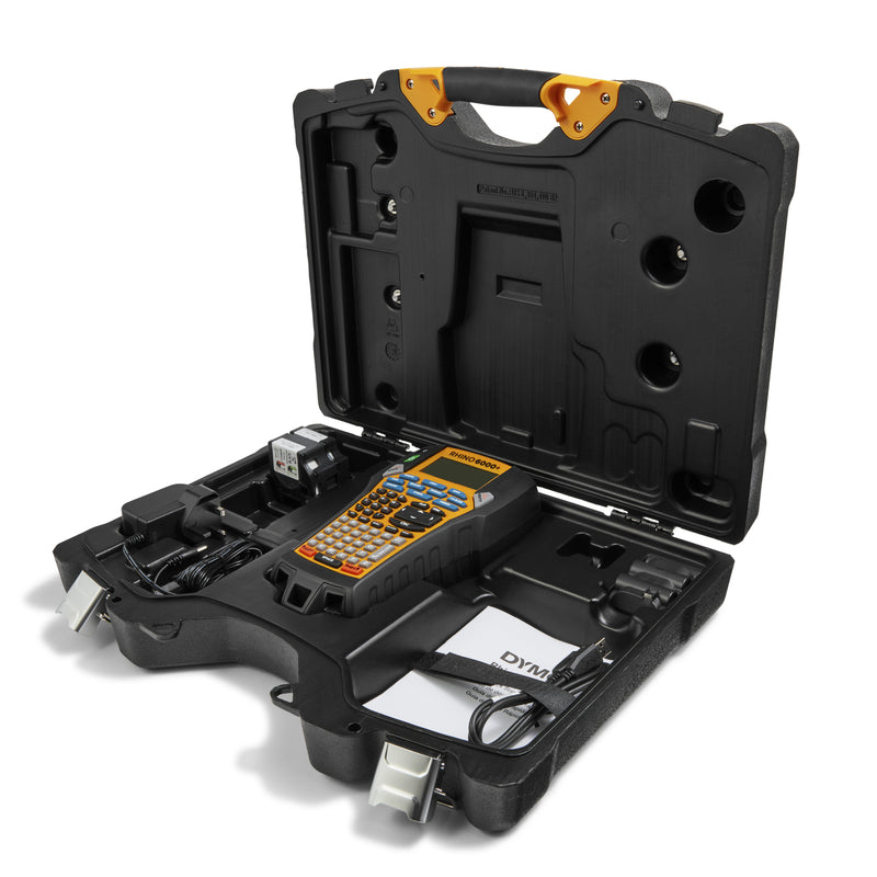 Open hard carry case with DYMO Rhino 6000 Plus label printer, power adapter, accessories and label cartridge neatly stored inside