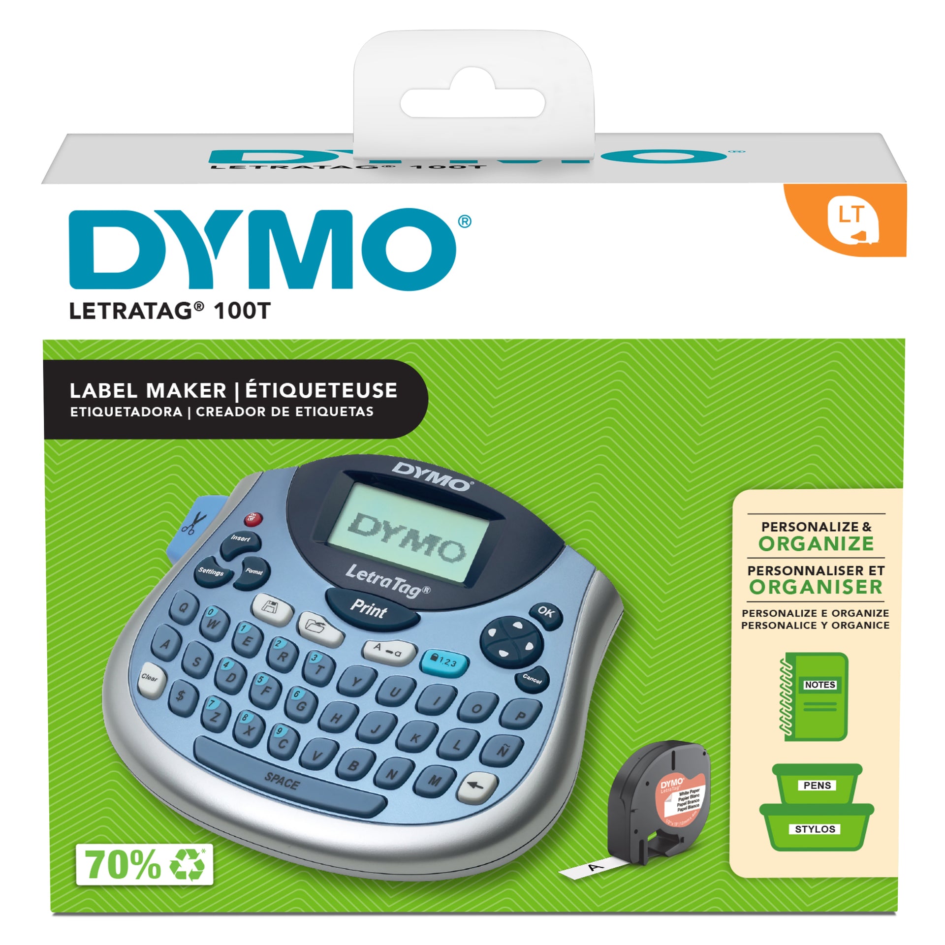 DYMO LetraTag LT100T Label Maker in Blue shown in retail packaging with product overview