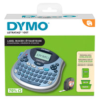DYMO LetraTag LT100T Label Maker in Blue shown in retail packaging with product overview