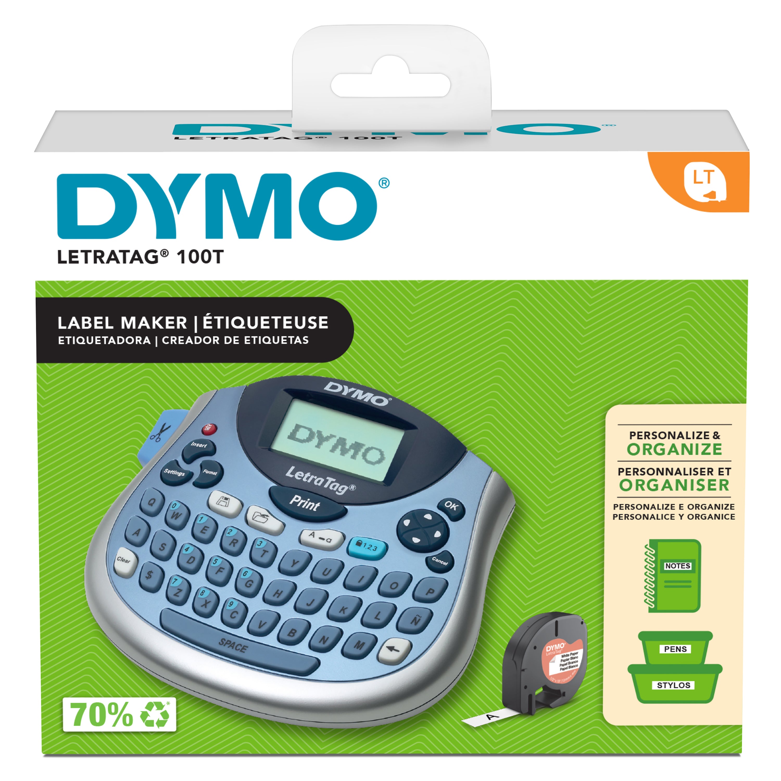 DYMO LetraTag LT100T Label Maker in Blue shown in retail packaging with product overview