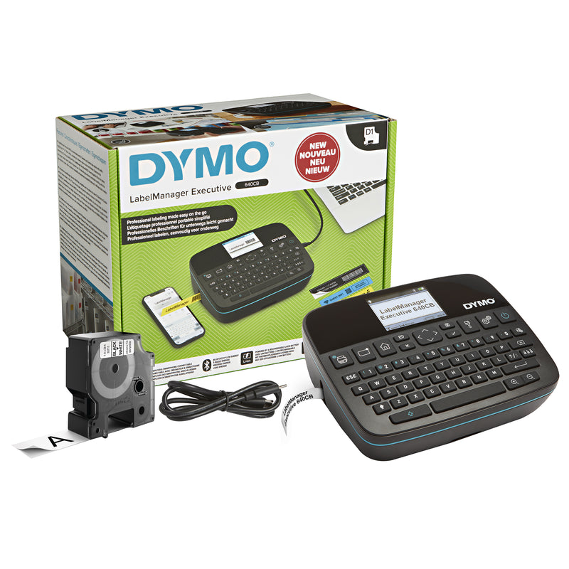 DYMO LabelManager Executive 640 CB unboxed contents including label maker, rechargeable battery, USB-C cable, and D1 label cassette.