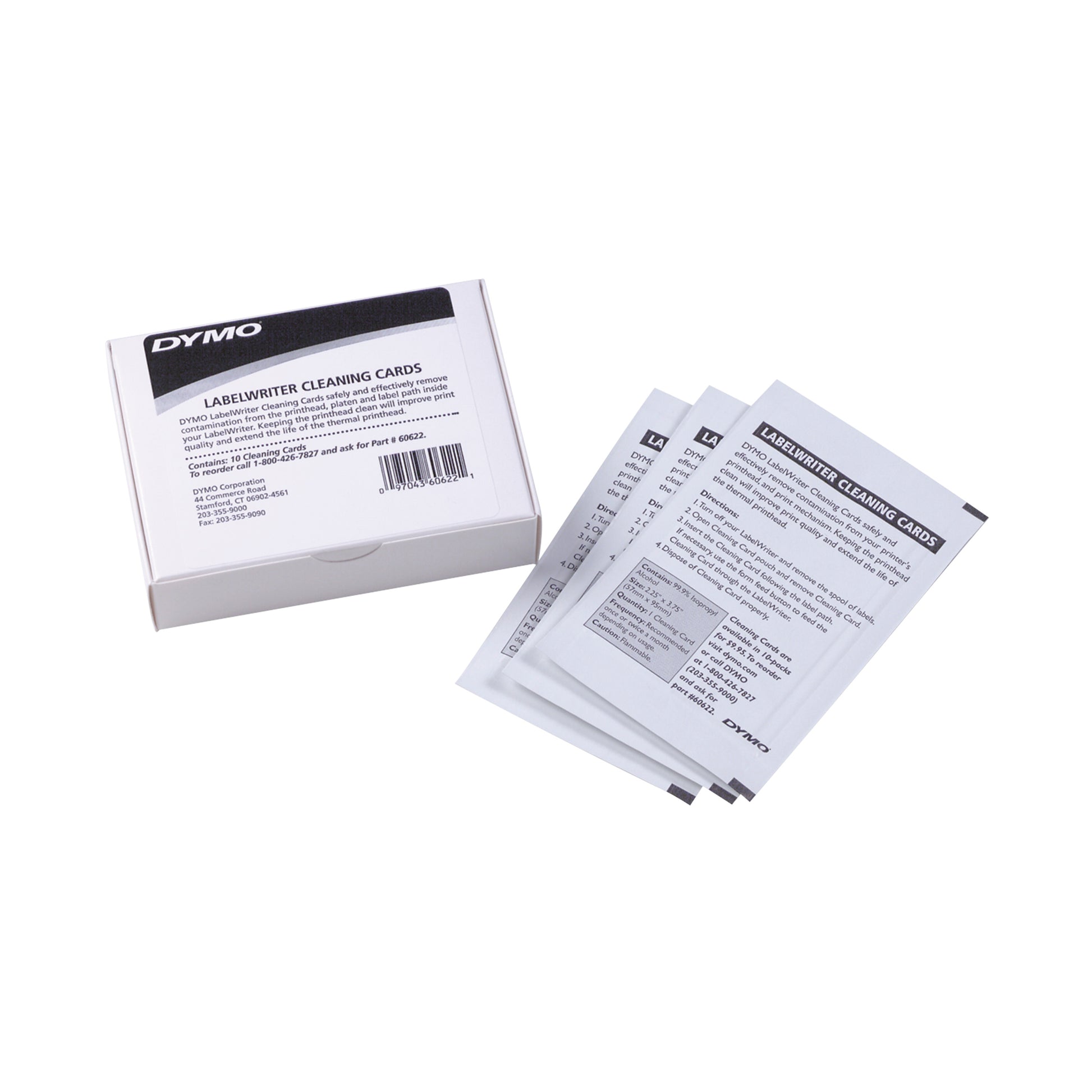 DYMO LabelWriter cleaning cards with storage box and individual cleaning card packets for printer maintenance