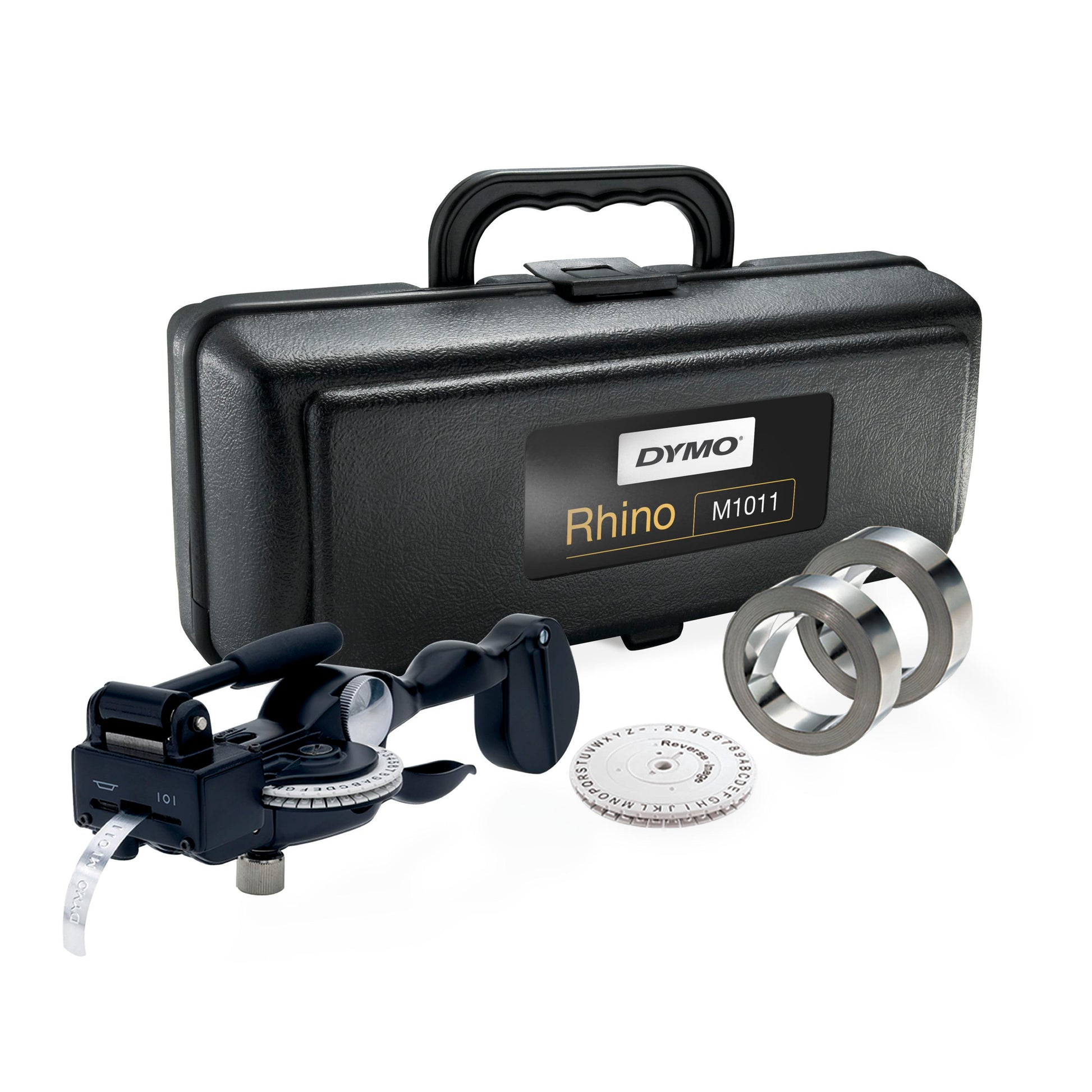DYMO Rhino M1011 metal tape embosser kit with carry case, embossing wheel and metal label rolls