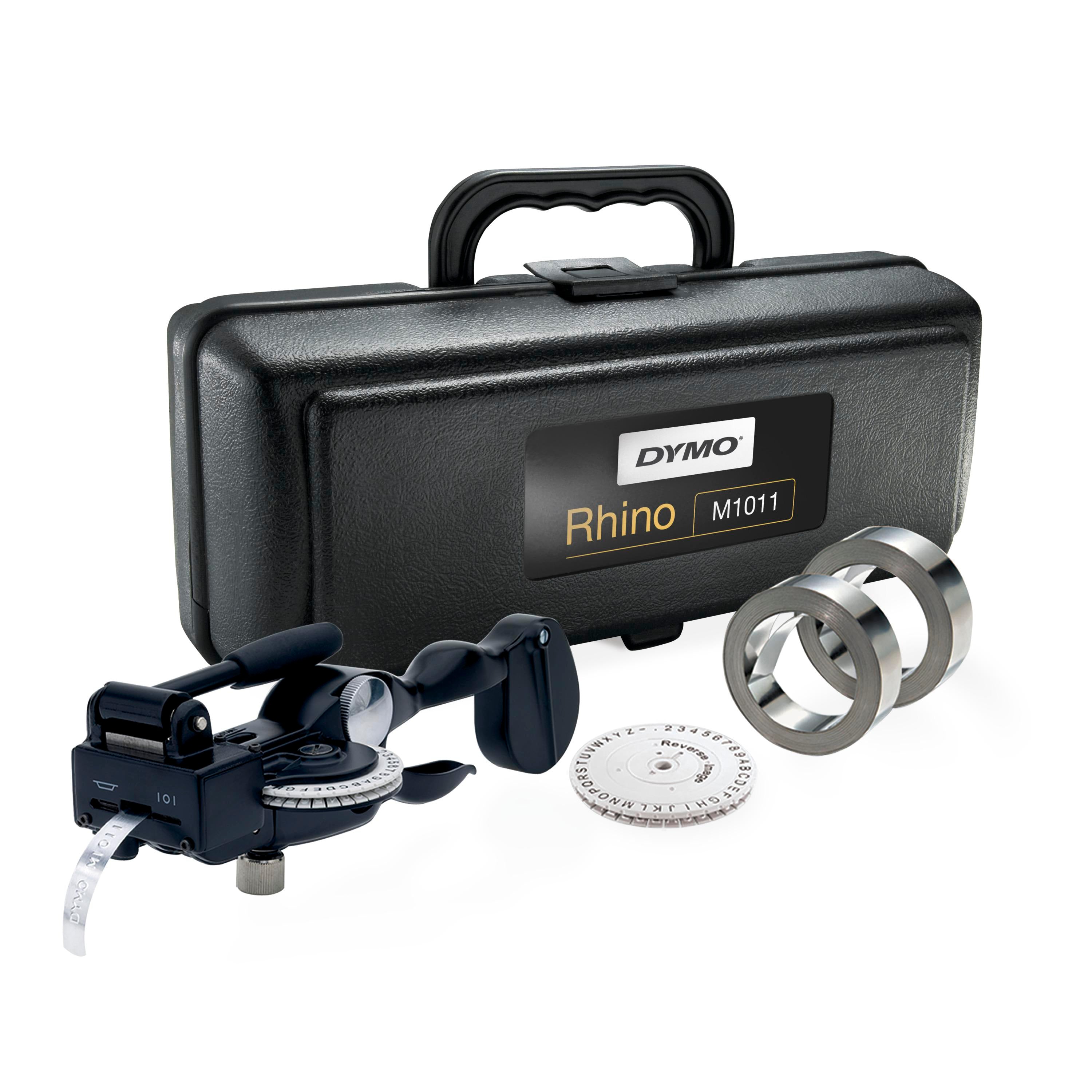 DYMO Rhino M1011 metal tape embosser kit with carry case, embossing wheel and metal label rolls