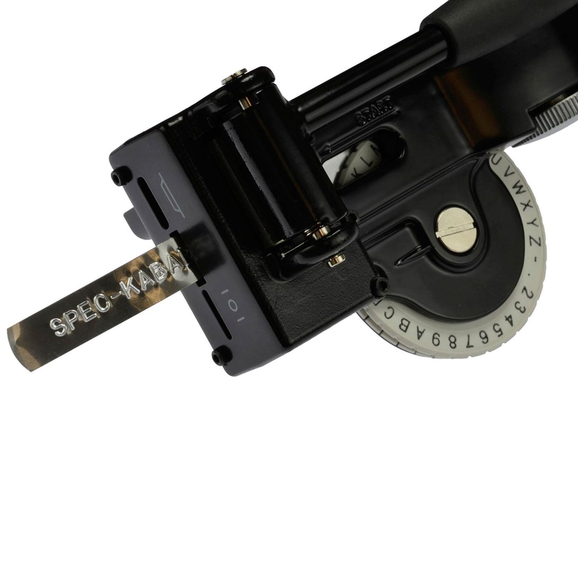 DYMO Rhino metal tape embosser creating an embossed aluminium label marked SPEC KABA