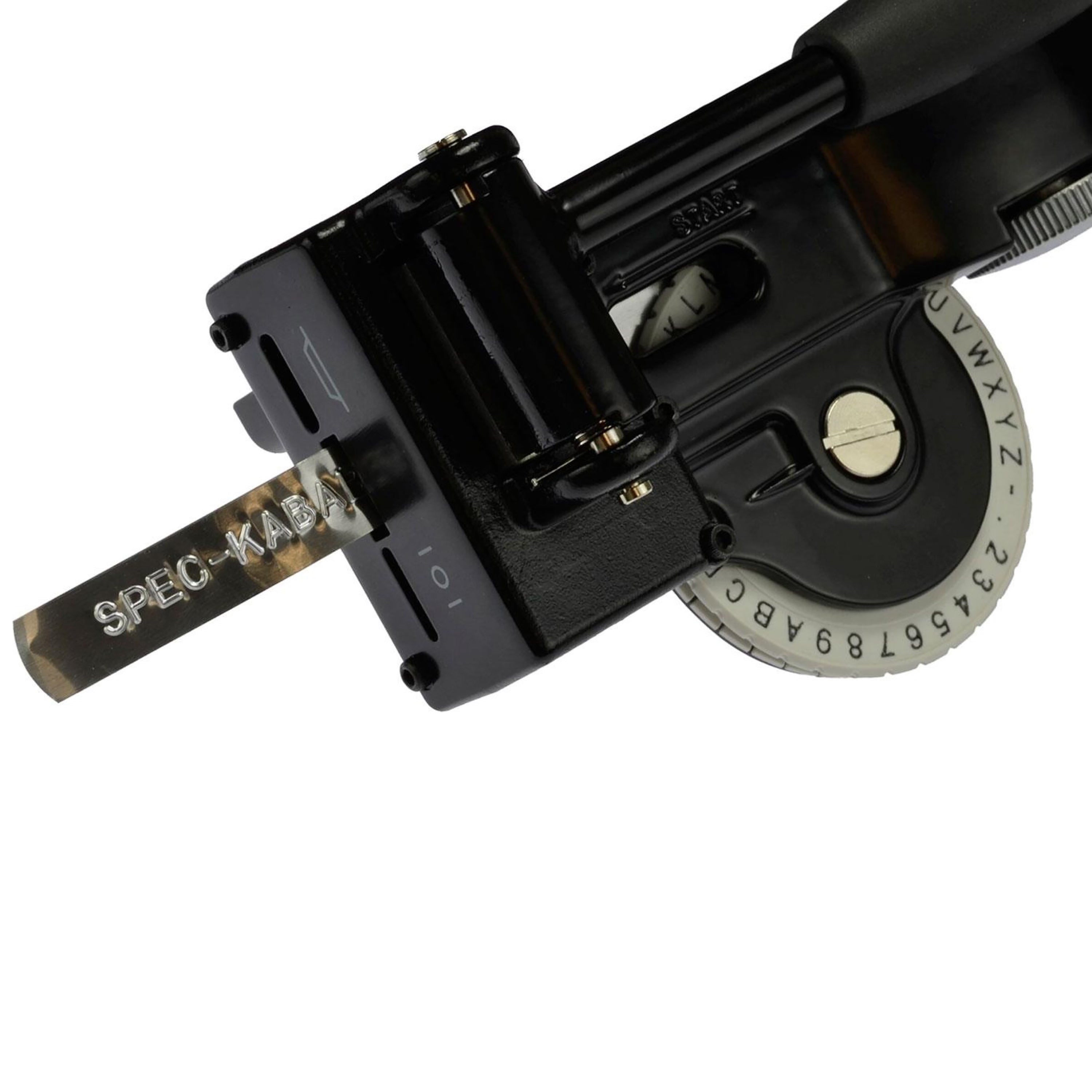 DYMO Rhino metal tape embosser creating an embossed aluminium label marked SPEC KABA