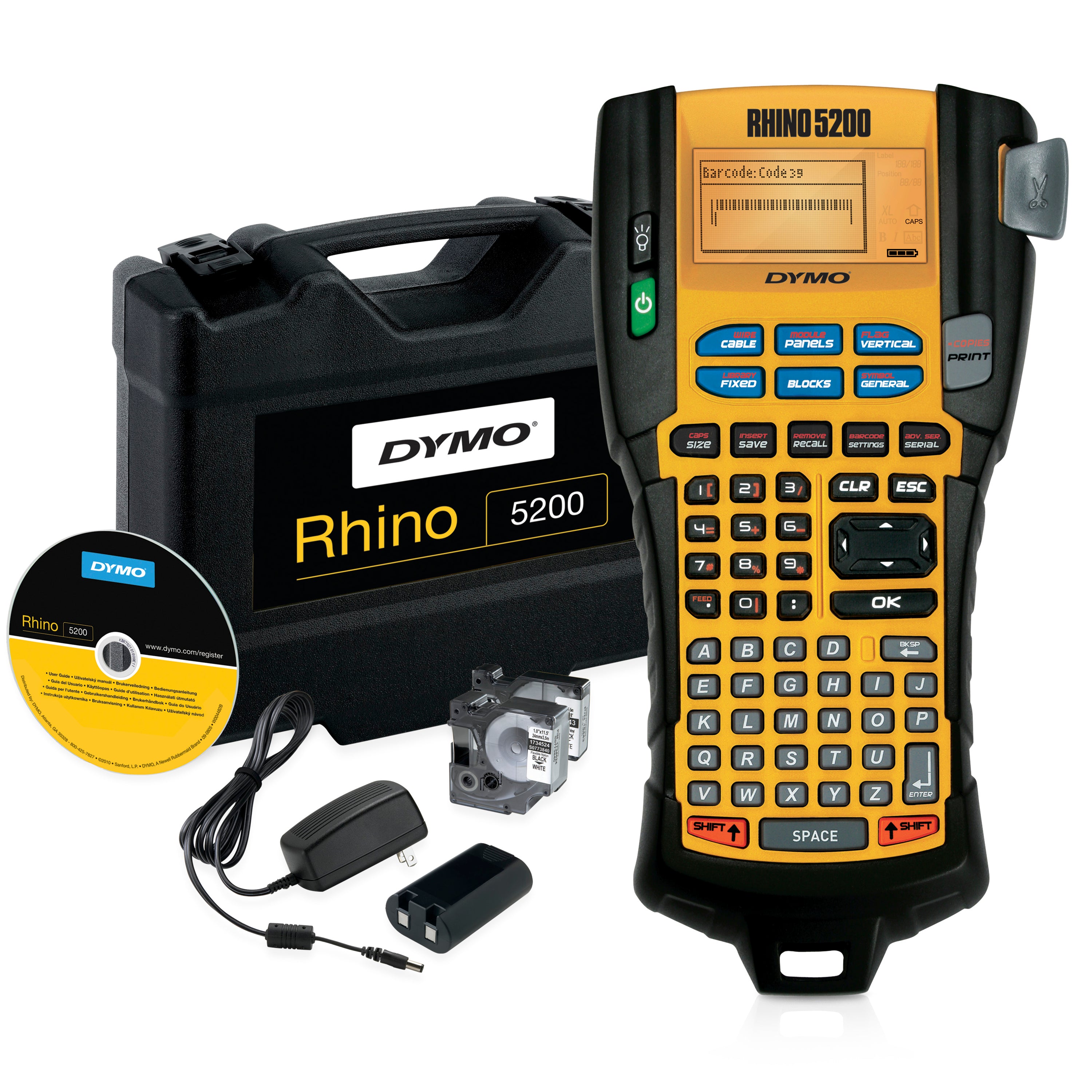 DYMO Rhino 5200 industrial label printer kit with hard carry case, power adapter, battery, software disc and tape cartridges