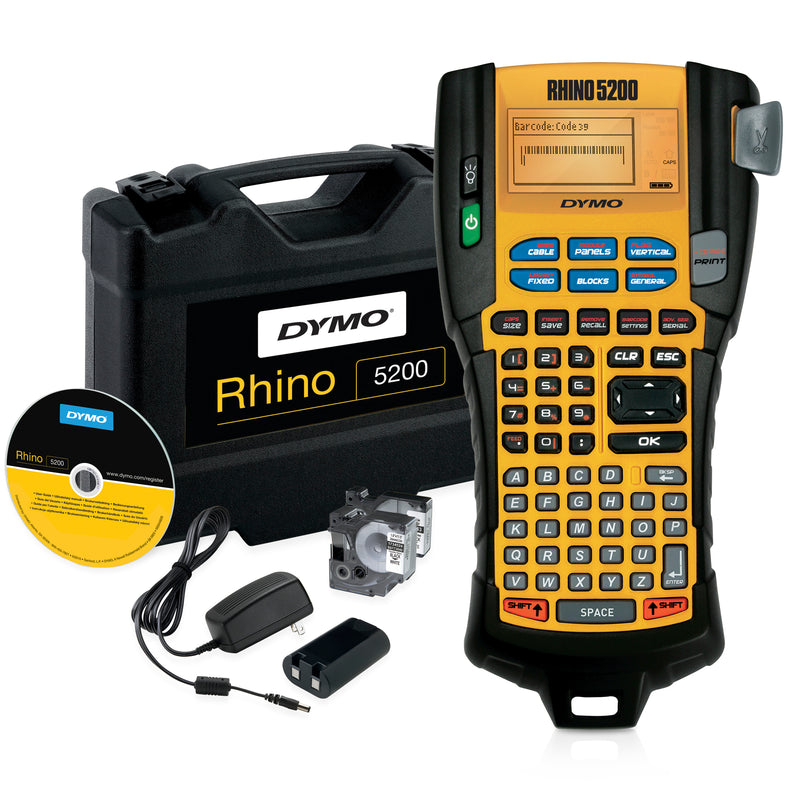 DYMO Rhino 5200 industrial label printer kit with hard carry case, power adapter, battery, software disc and tape cartridges