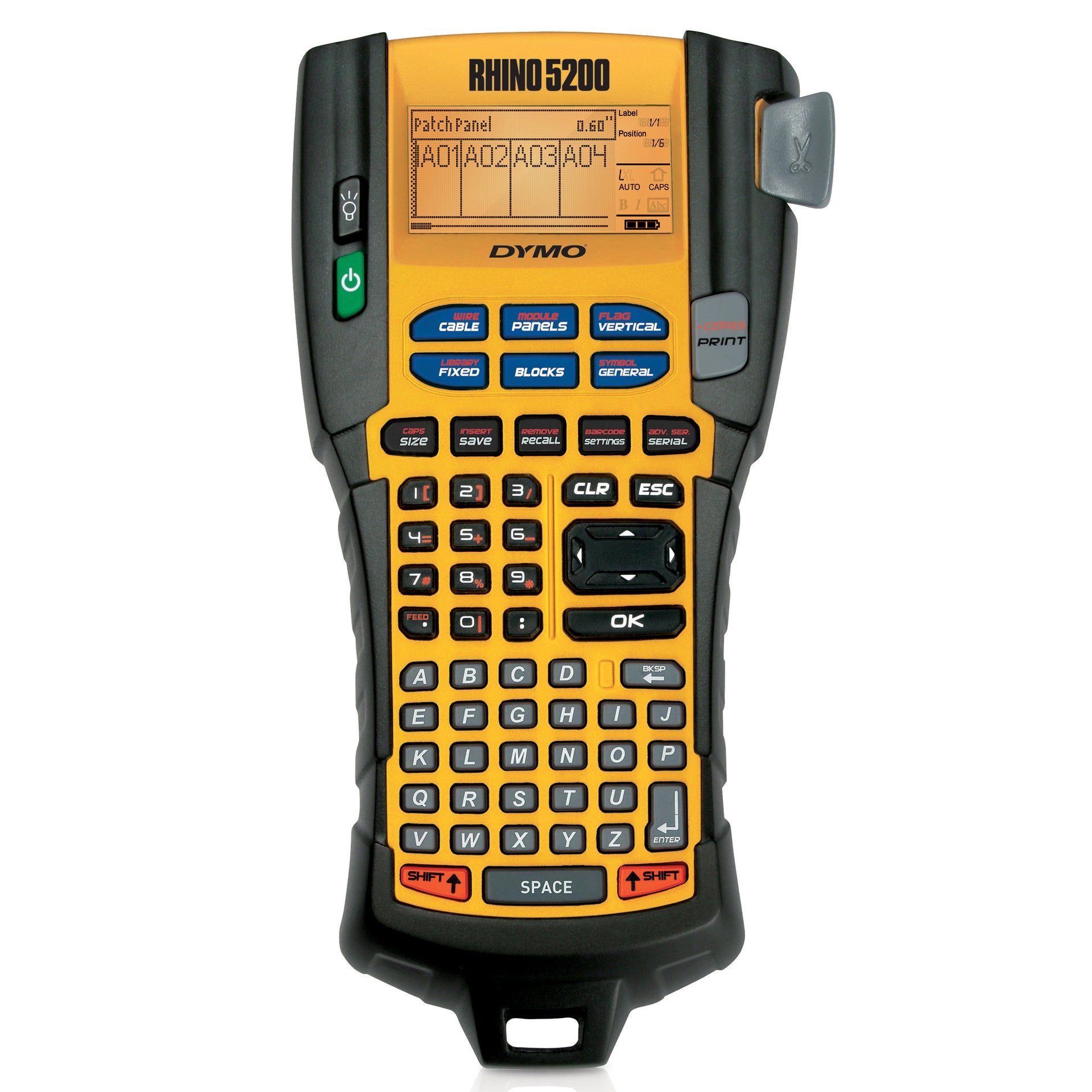 DYMO Rhino 5200 industrial handheld label printer with QWERTY keyboard and backlit display