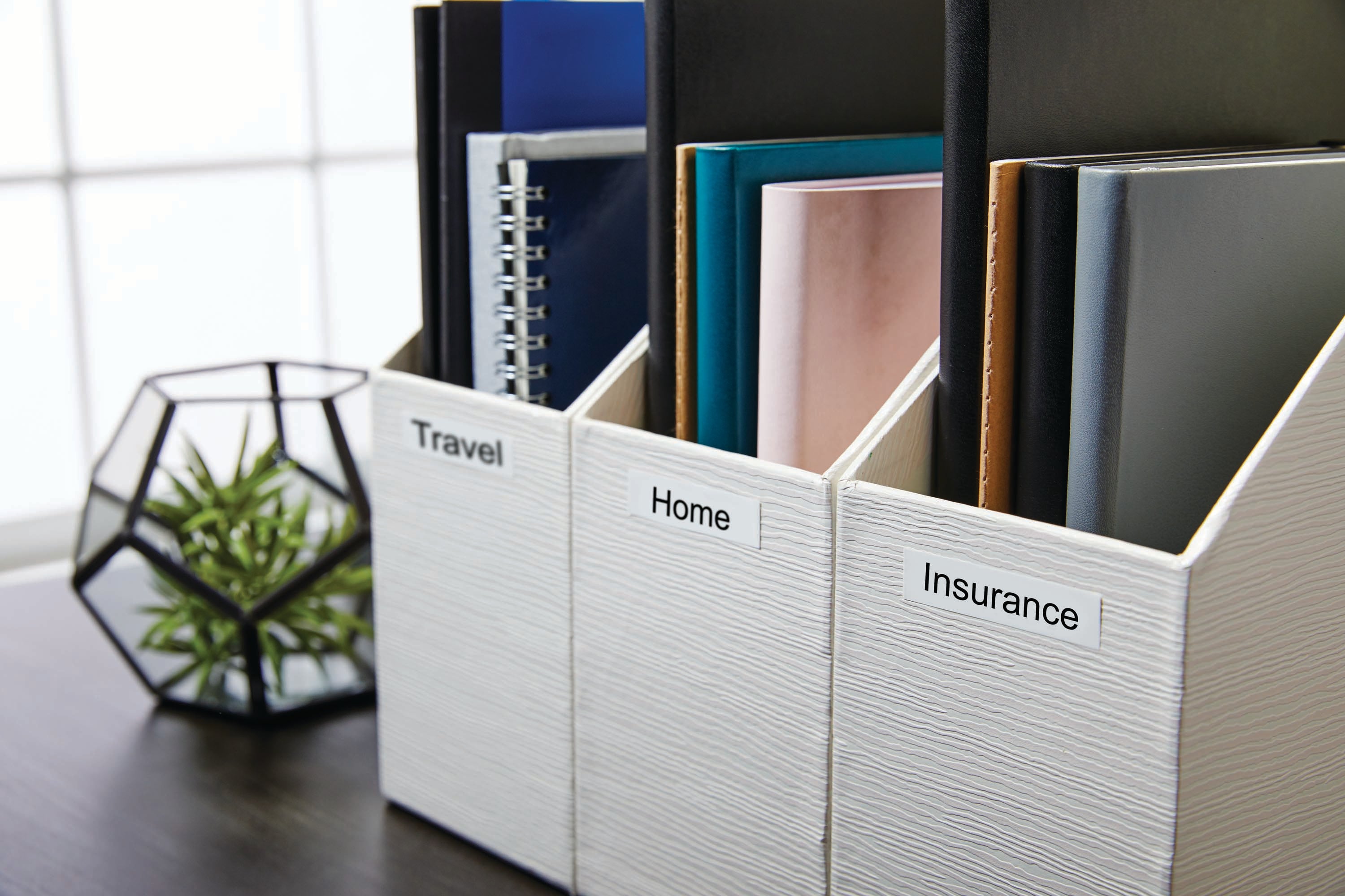 Organised magazine files labelled Travel, Home and Insurance for home or office document storage