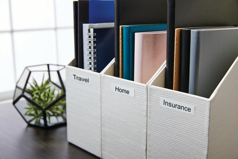 Organised magazine files labelled Travel, Home and Insurance for home or office document storage