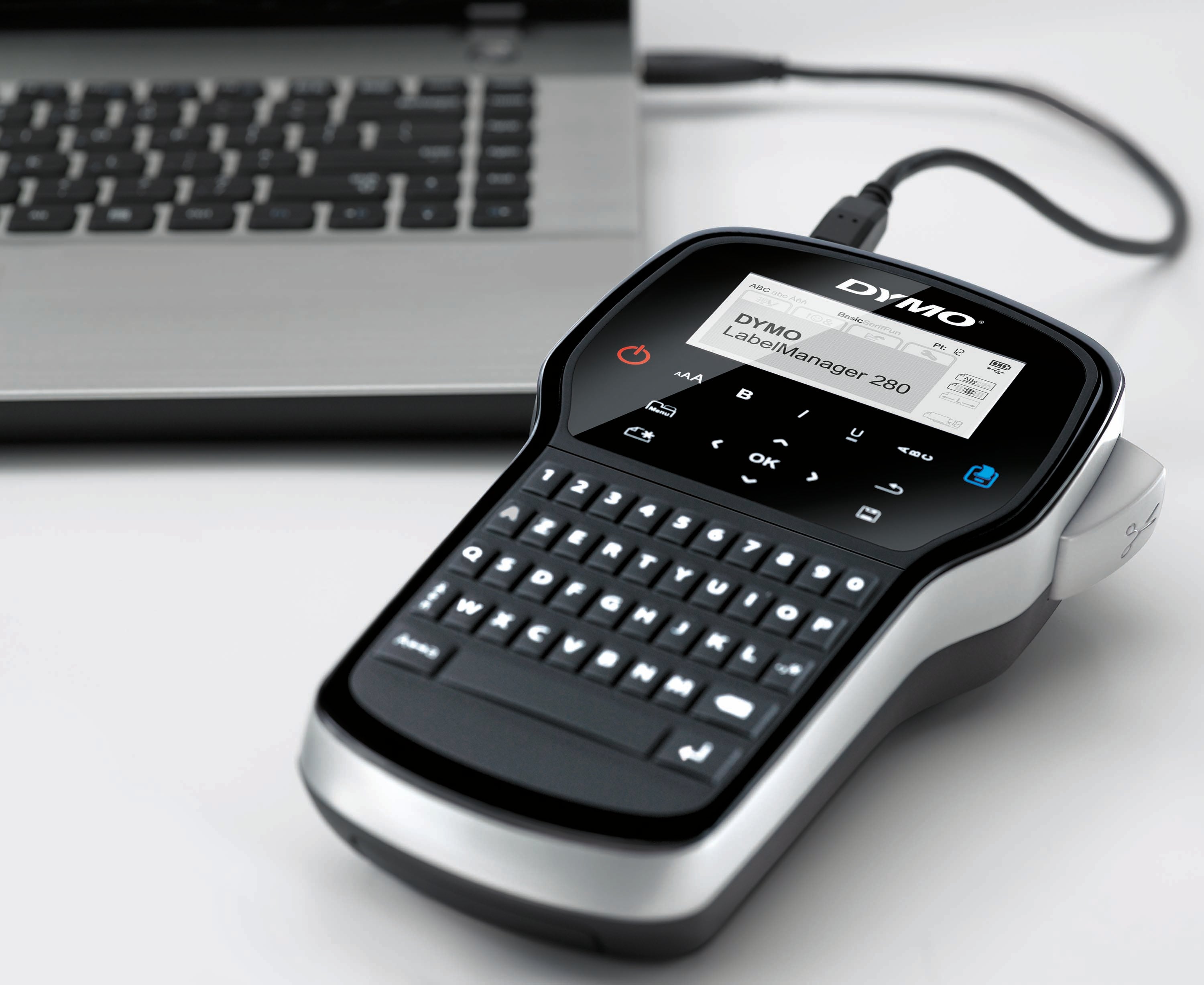 DYMO LabelManager 280 connected to a laptop for PC and Mac label printing and setup