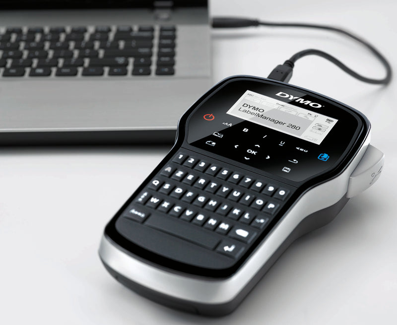DYMO LabelManager 280 connected to a laptop for PC and Mac label printing and setup