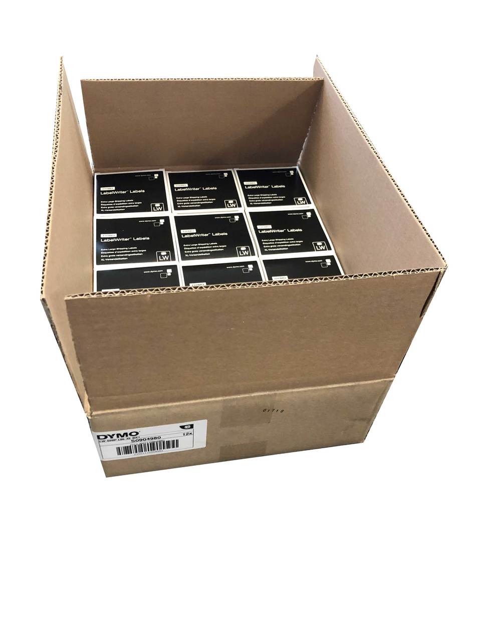 Open carton showing multiple rolls of Dymo LabelWriter large shipping labels
