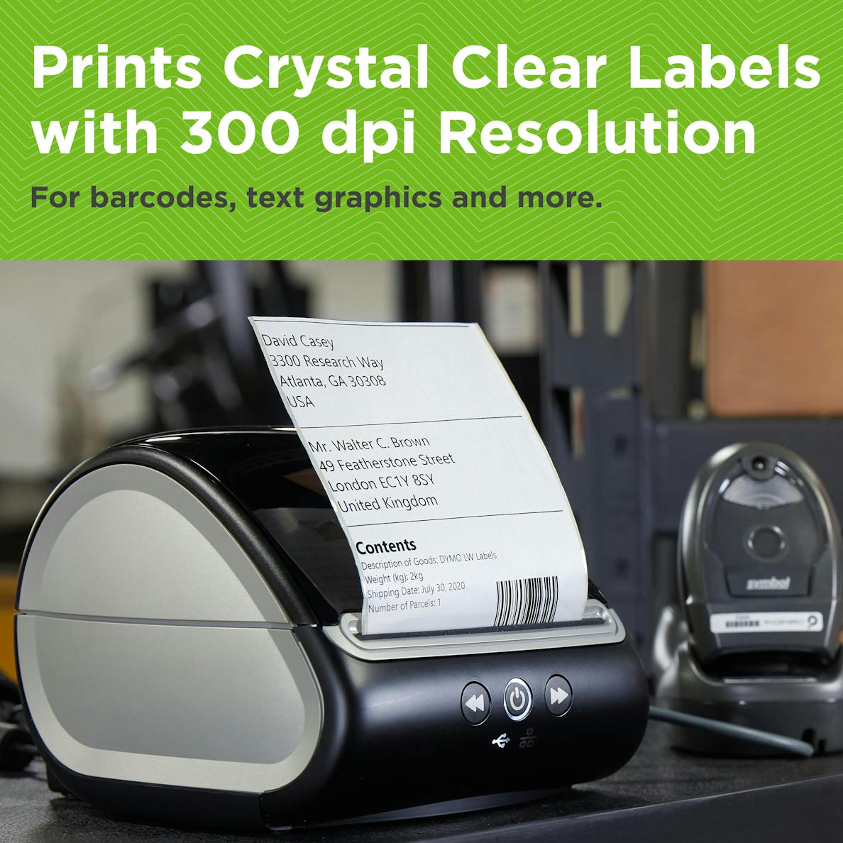 Close-up of DYMO LabelWriter 5XL printing high-resolution shipping label with 300 dpi clarity