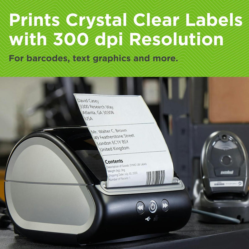Close-up of DYMO LabelWriter 5XL printing high-resolution shipping label with 300 dpi clarity