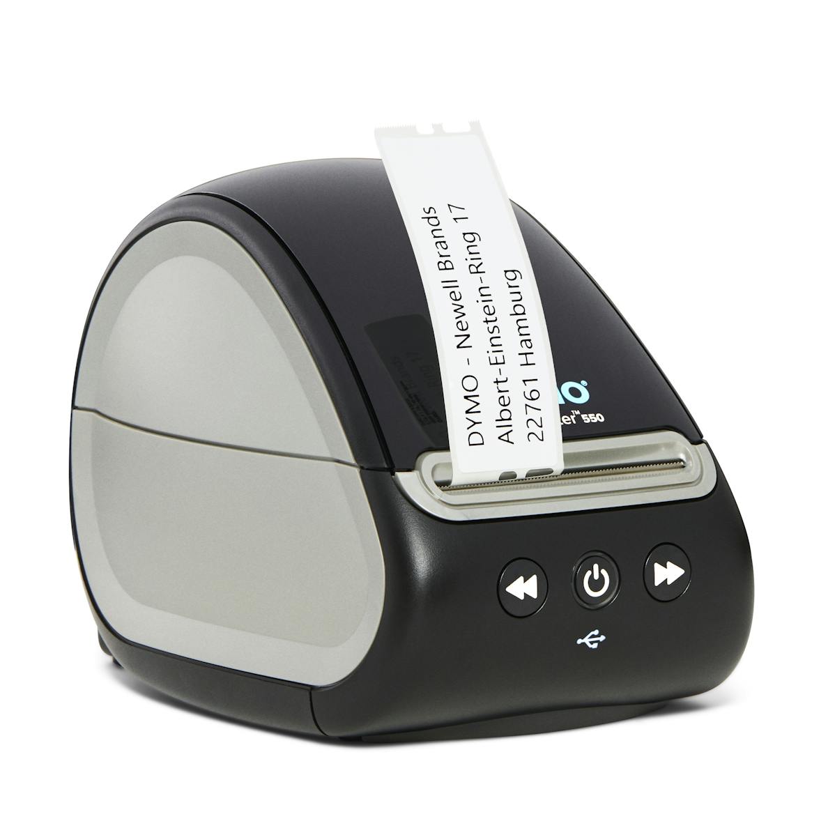 Front view of DYMO LabelWriter 550 label printer with compact black design and label feed slot
