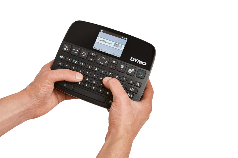 Person holding the DYMO LabelManager Executive 640 CB showing ergonomic grip and large colour display.
