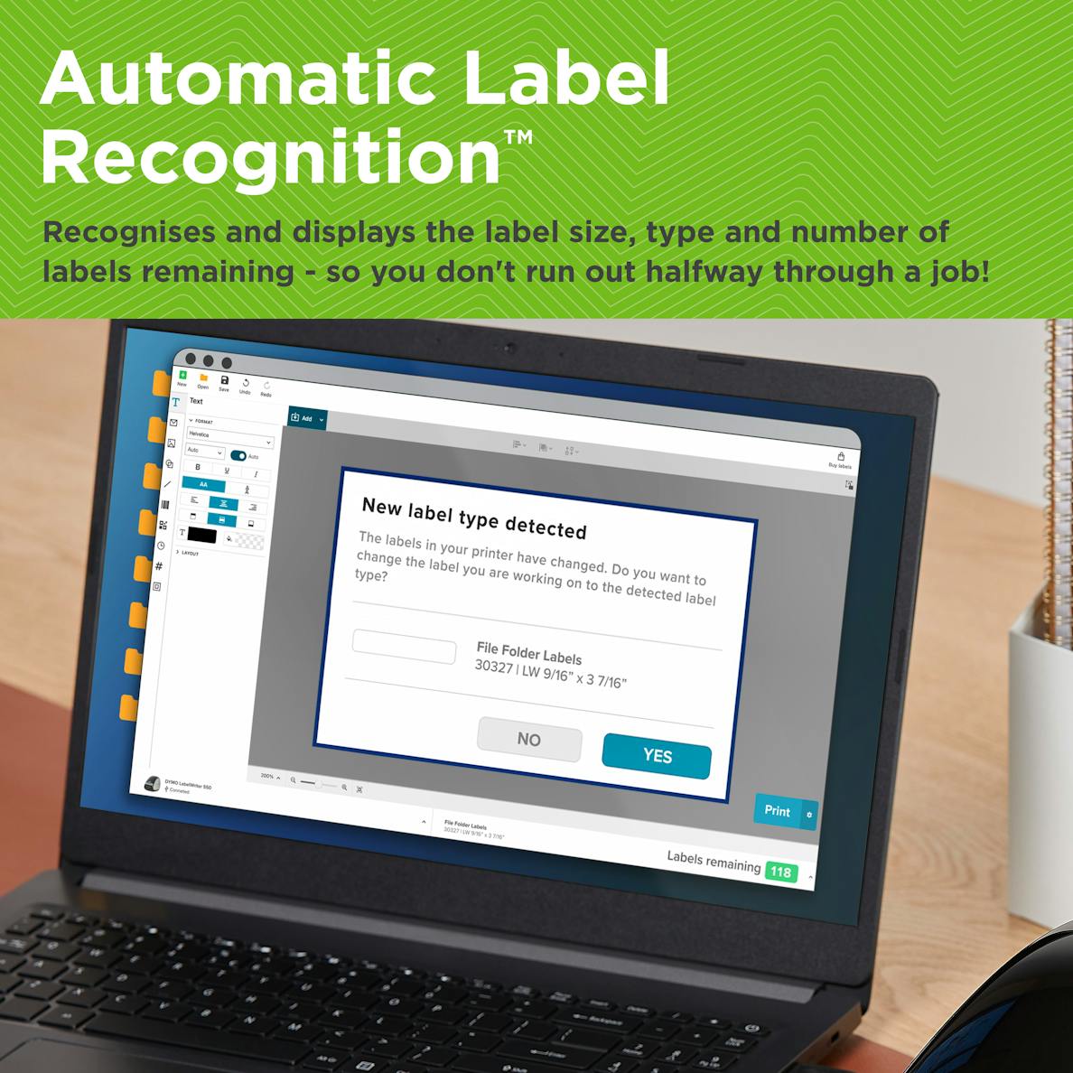 Automatic Label Recognition feature shown on DYMO Connect software on a laptop screen